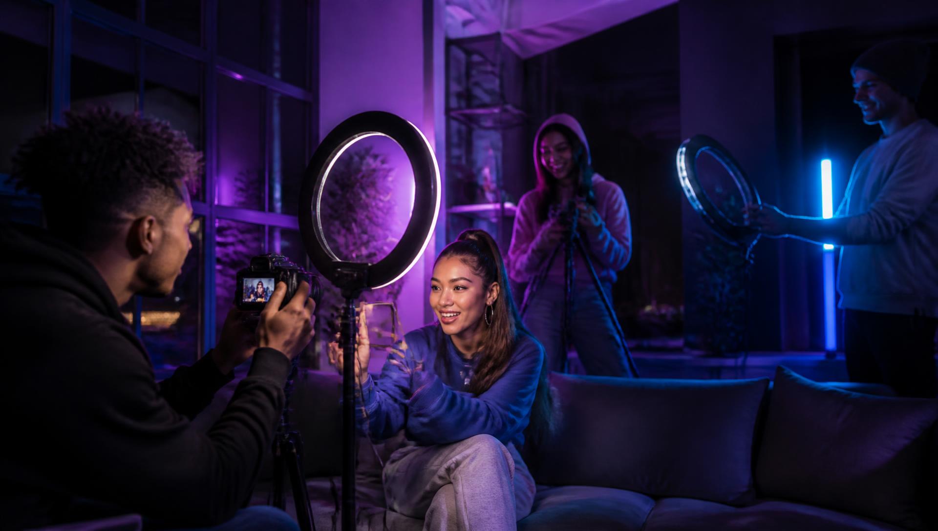 Creators filming videos in a neon-lit studio